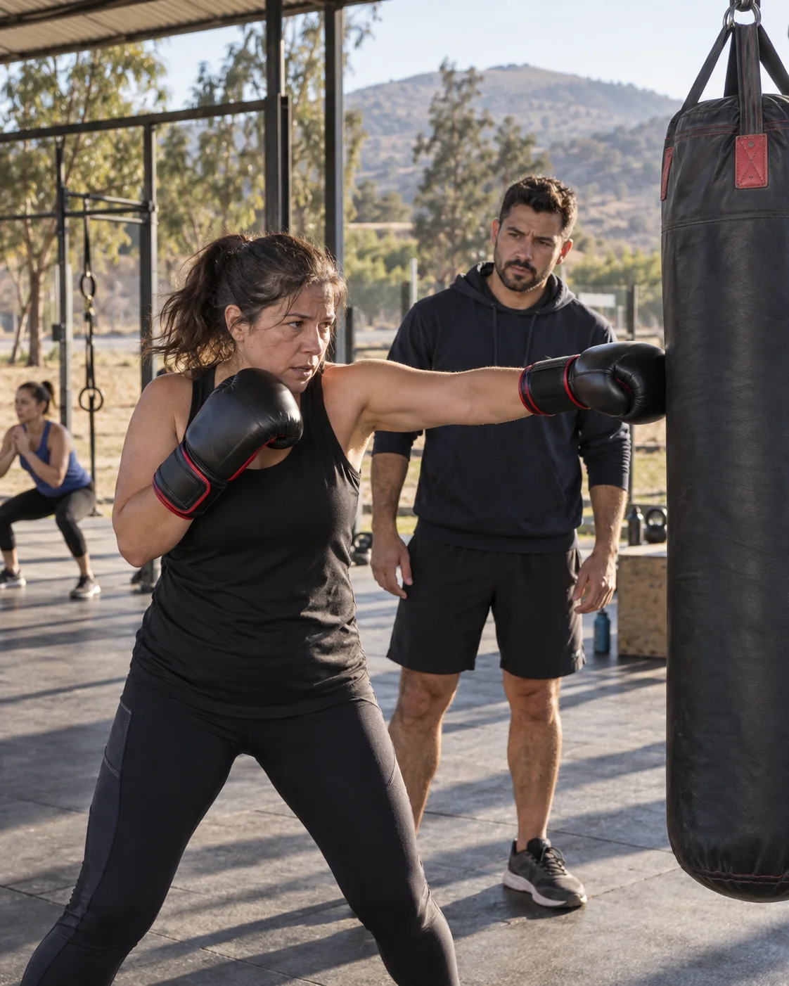 Imagen referencial: mujer adulta practicando boxeo en saco con un coach