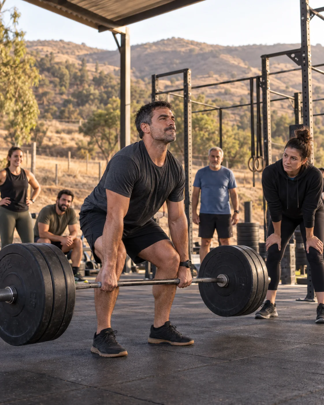 Imagen referencial: atleta adulto entrenando peso muerto con una clase y coach al fondo