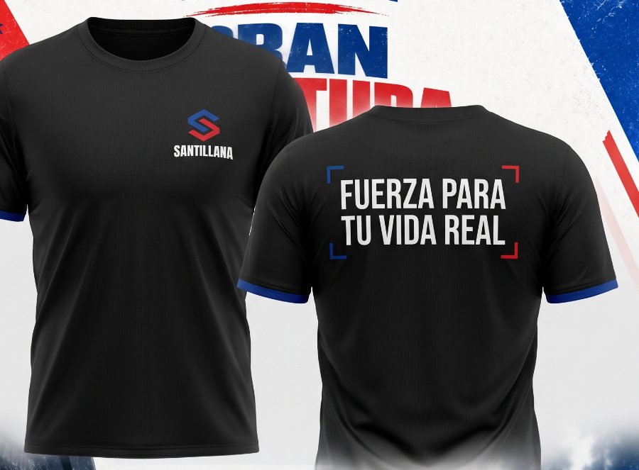 Polera negra del box: el isotipo y SANTILLANA al pecho, y FUERZA PARA TU VIDA REAL en la espalda